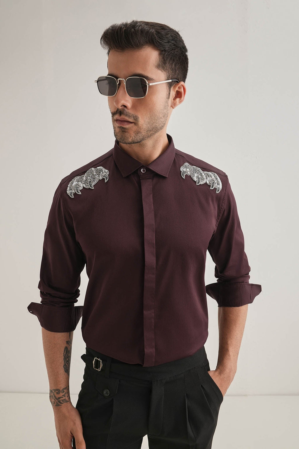 Paws Hand Embroidered Designer Shirt - Wine
