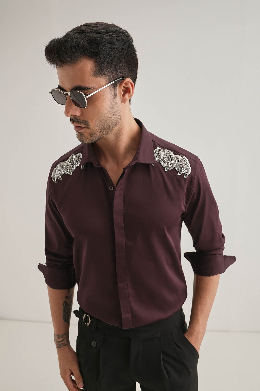 Paws Hand Embroidered Designer Shirt - Wine