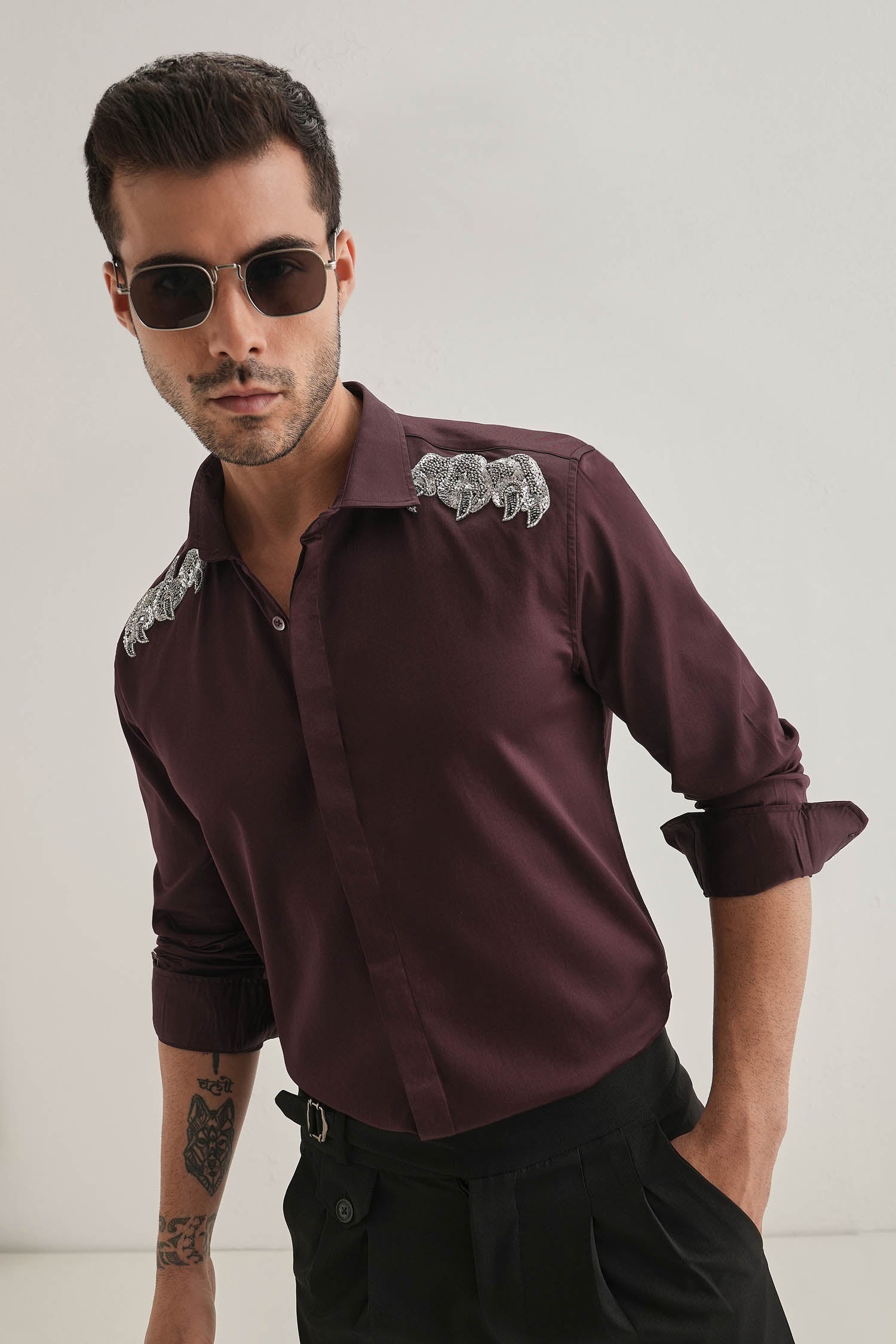 Paws Hand Embroidered Designer Shirt - Wine
