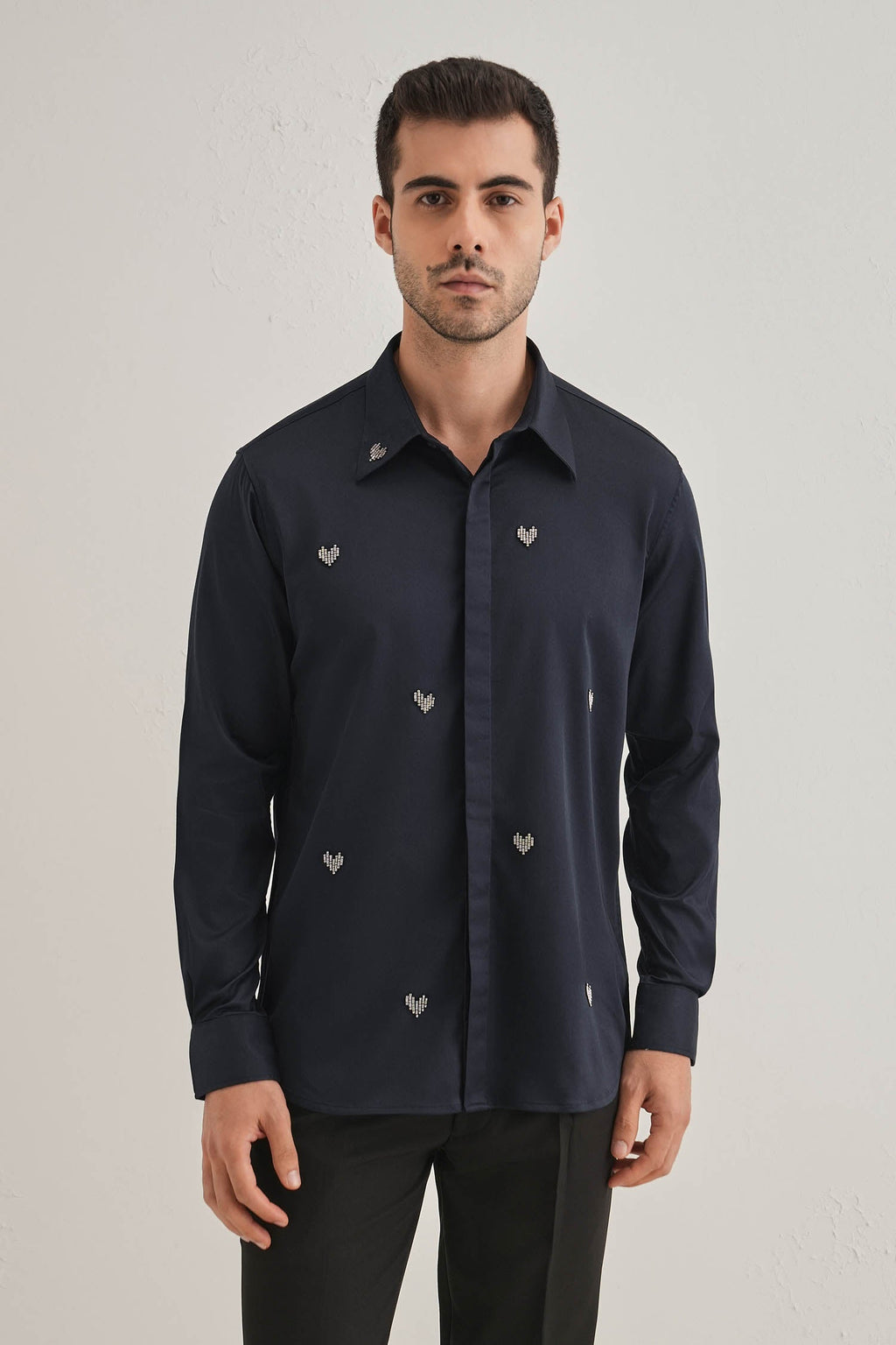 Little Heart Hand Embroidered Designer Shirt - Navy