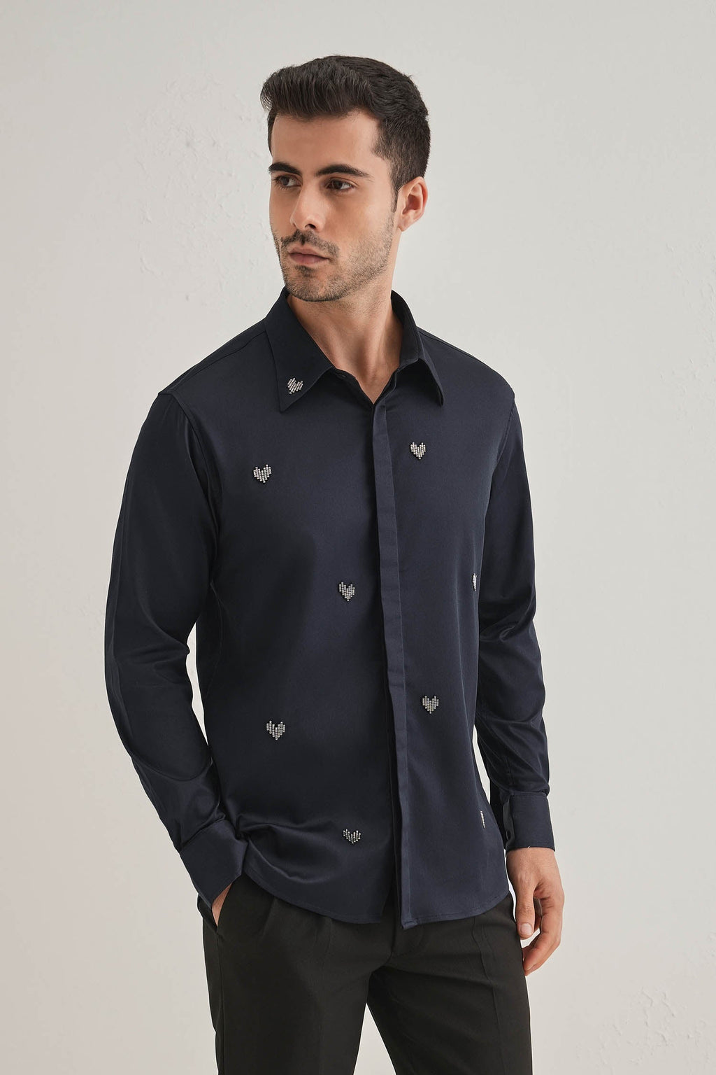 Little Heart Hand Embroidered Designer Shirt - Navy