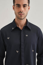 Little Heart Hand Embroidered Designer Shirt - Navy