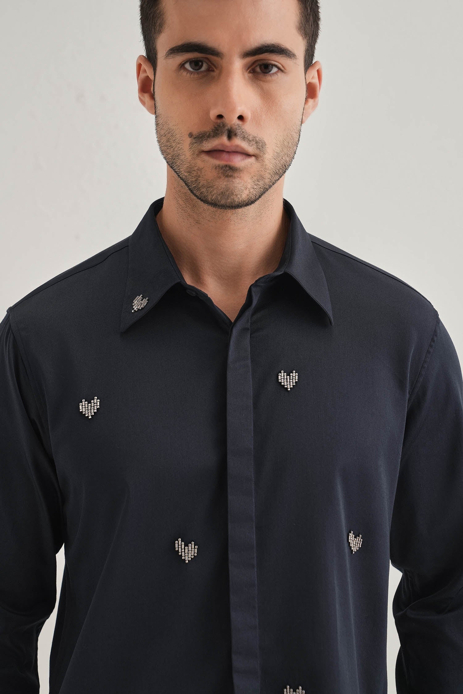 Little Heart Hand Embroidered Designer Shirt - Navy
