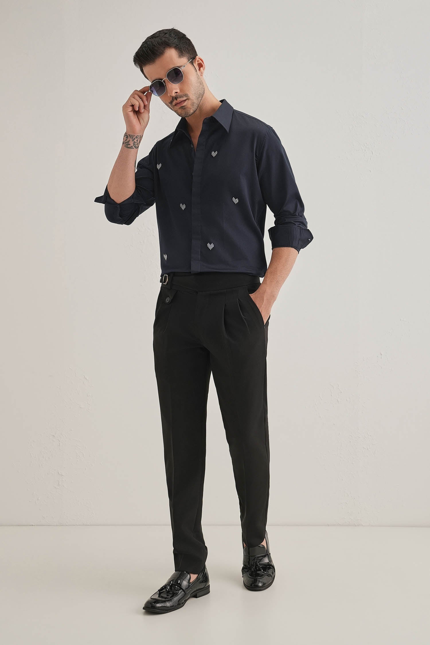 Little Heart Hand Embroidered Designer Shirt - Navy