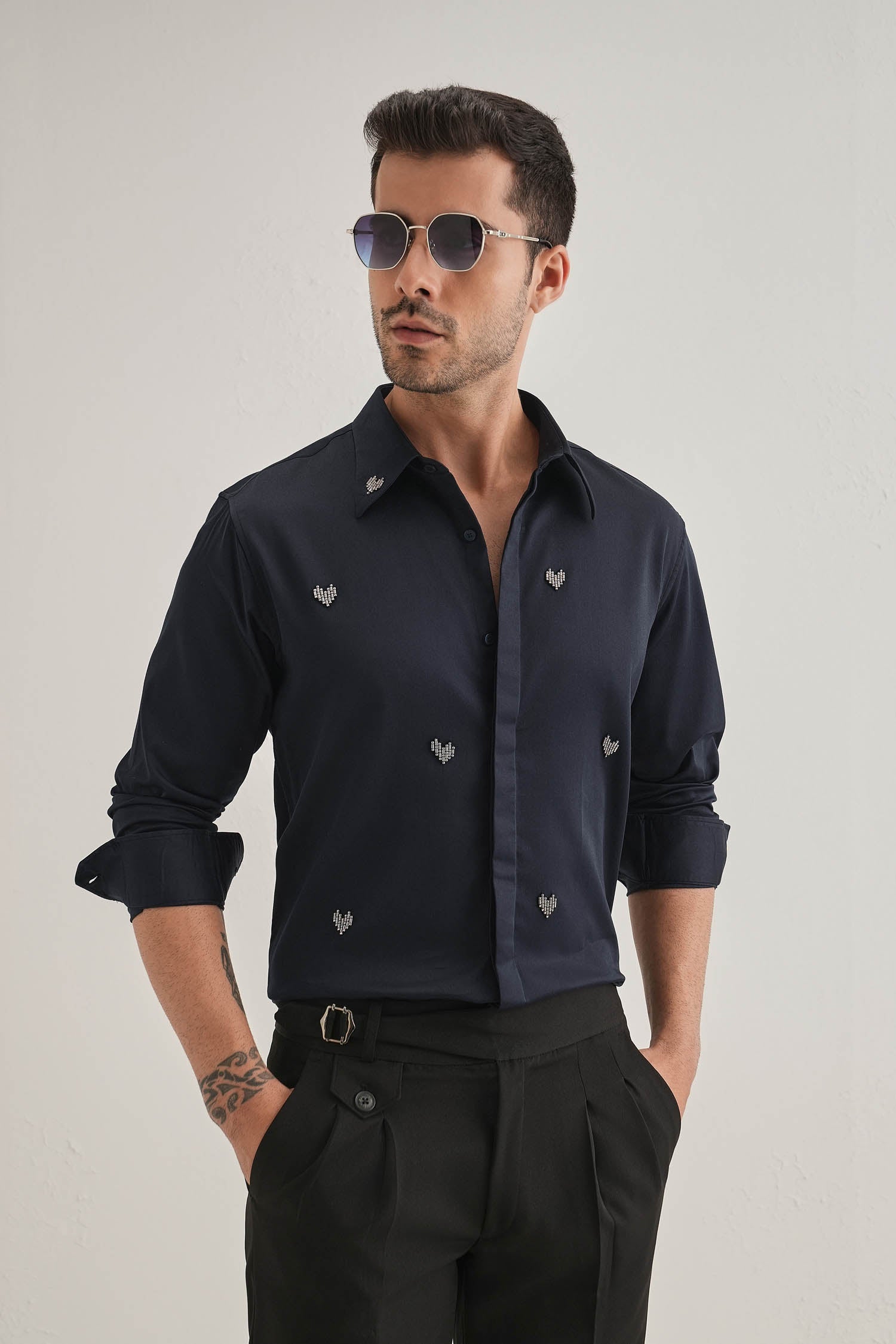 Little Heart Hand Embroidered Designer Shirt - Navy