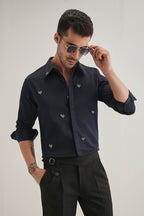 Little Heart Hand Embroidered Designer Shirt - Navy