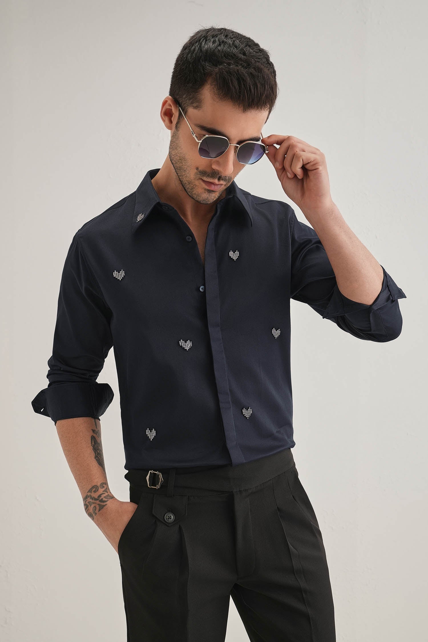 Little Heart Hand Embroidered Designer Shirt - Navy