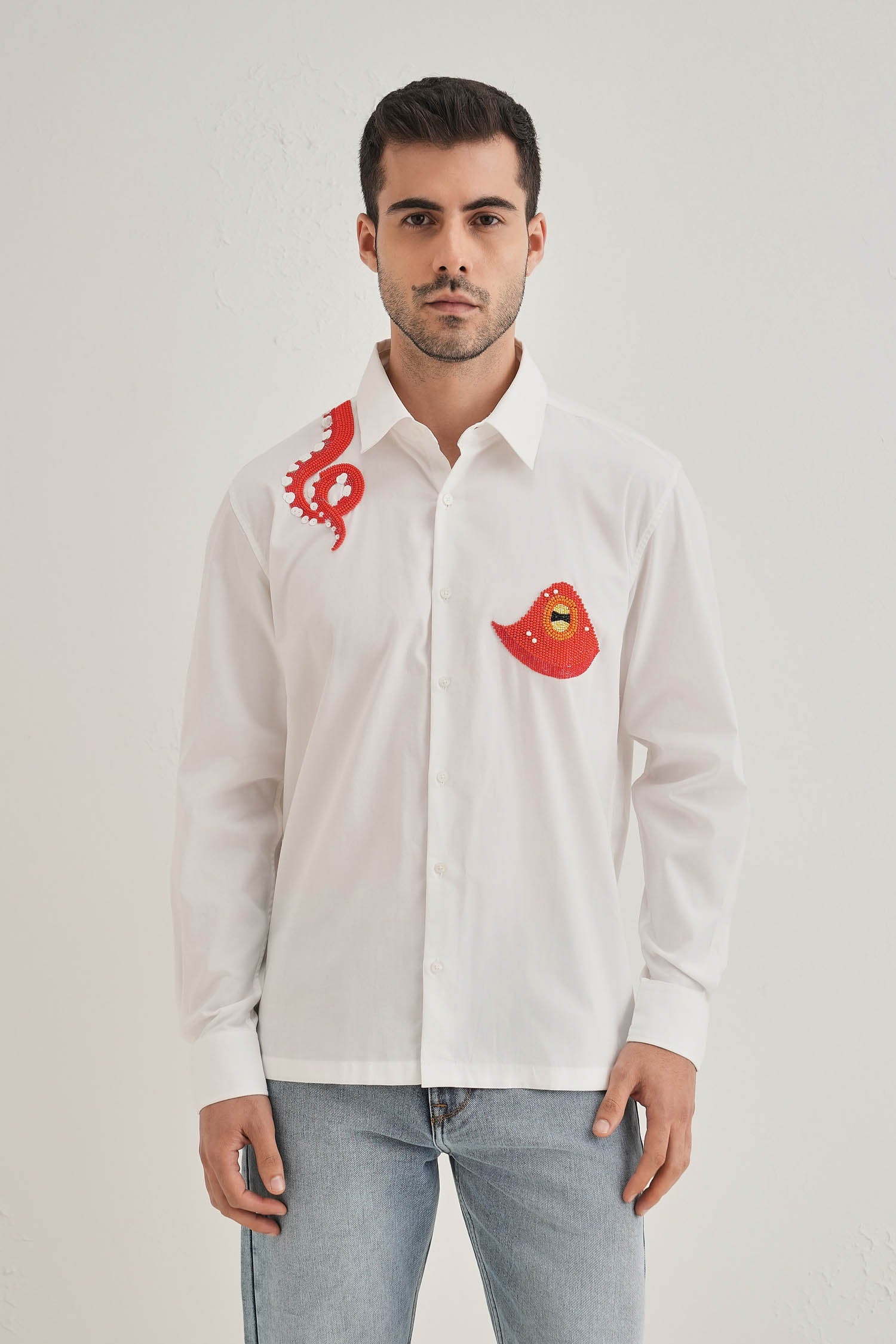 Octopod(Octopus) - Hand Embroidered Designer Shirt - White