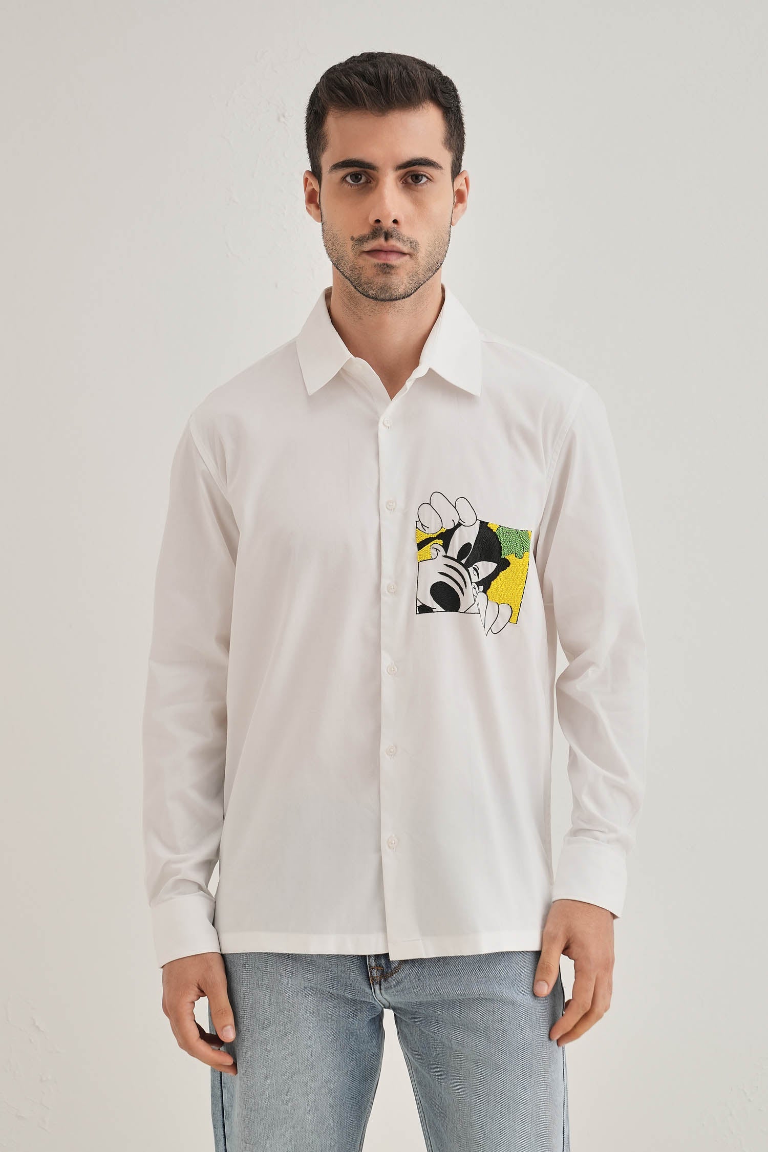 Goofy Hand Embroidered Designer Shirt - White