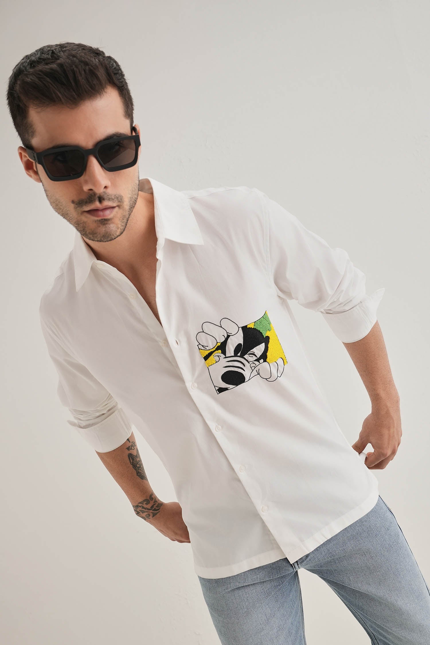 Goofy Hand Embroidered Designer Shirt - White