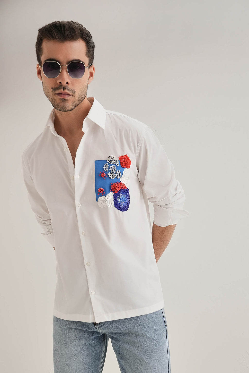 Amoe Hand Embroidered Designer Shirt - White