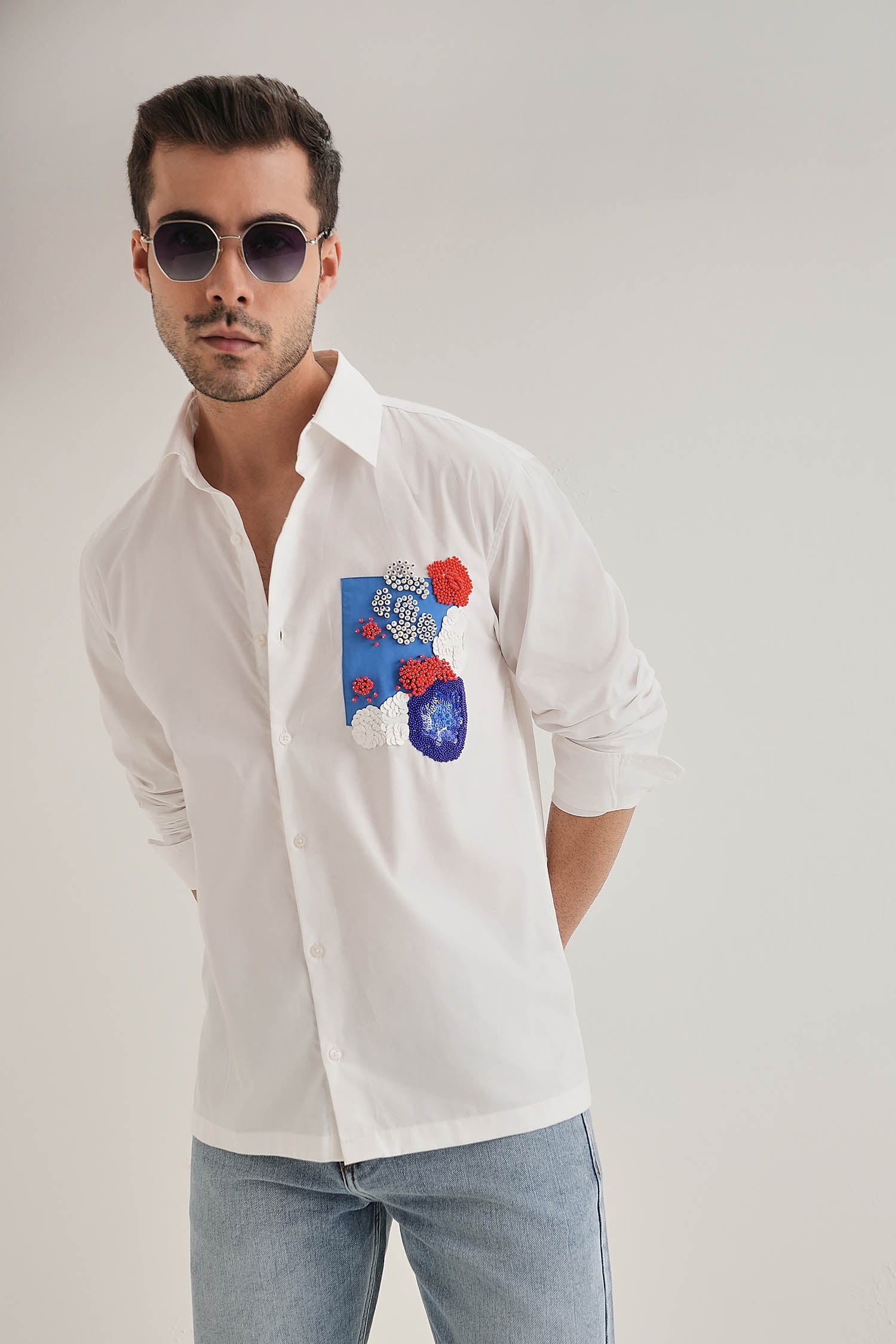 Amoe Hand Embroidered Designer Shirt - White