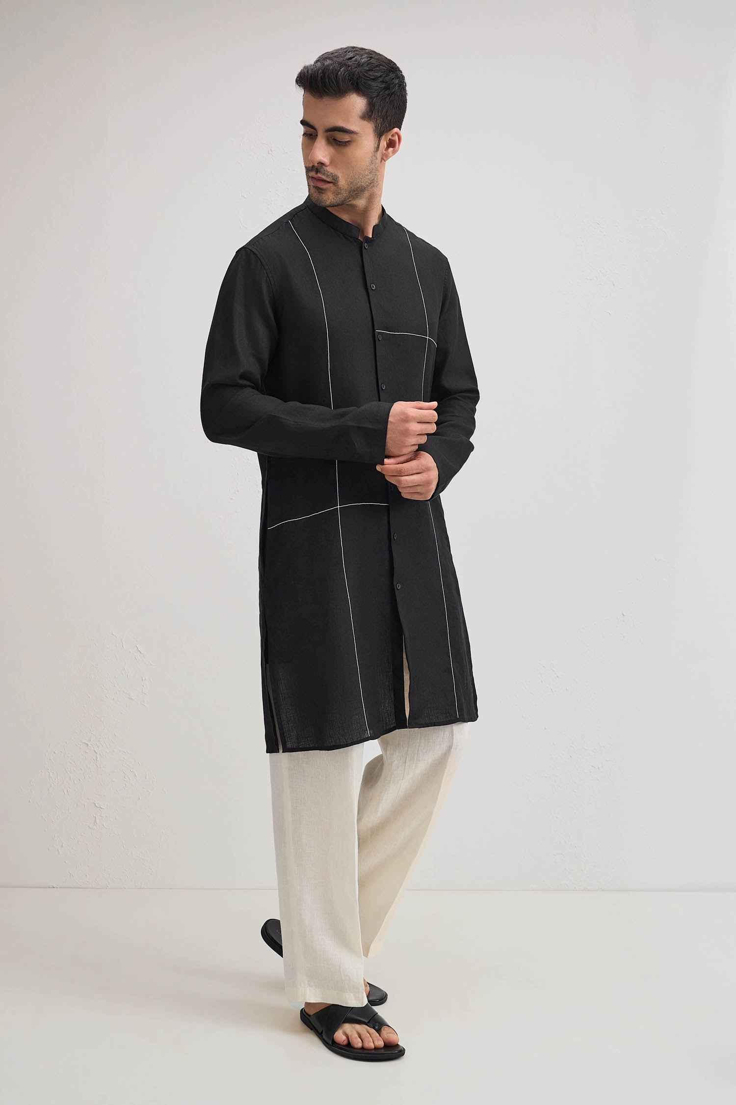 Couplet-irish Linen Kurta - Black