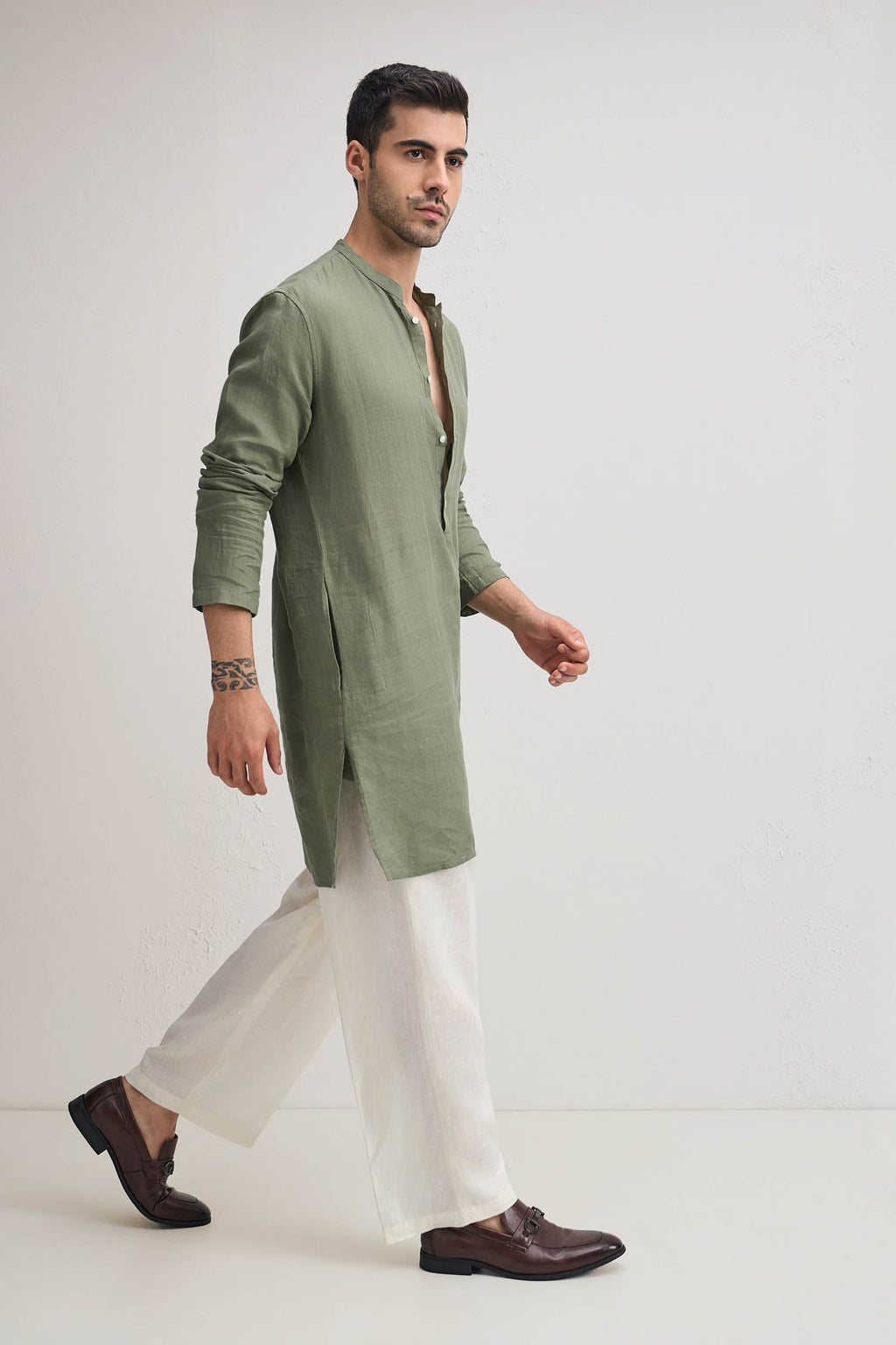 Irish Linen Kurta - Olive Green