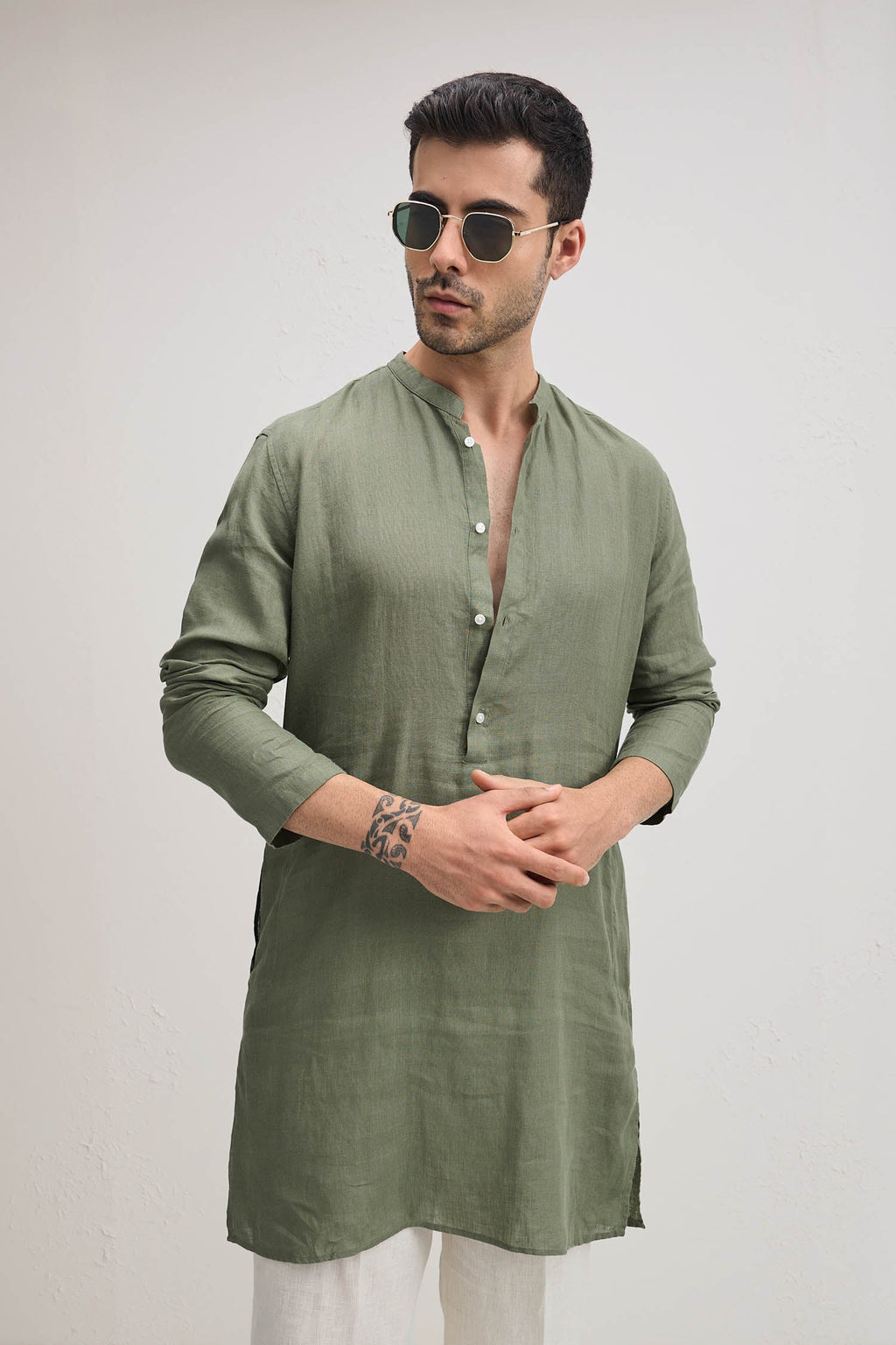 Irish Linen Kurta - Olive Green