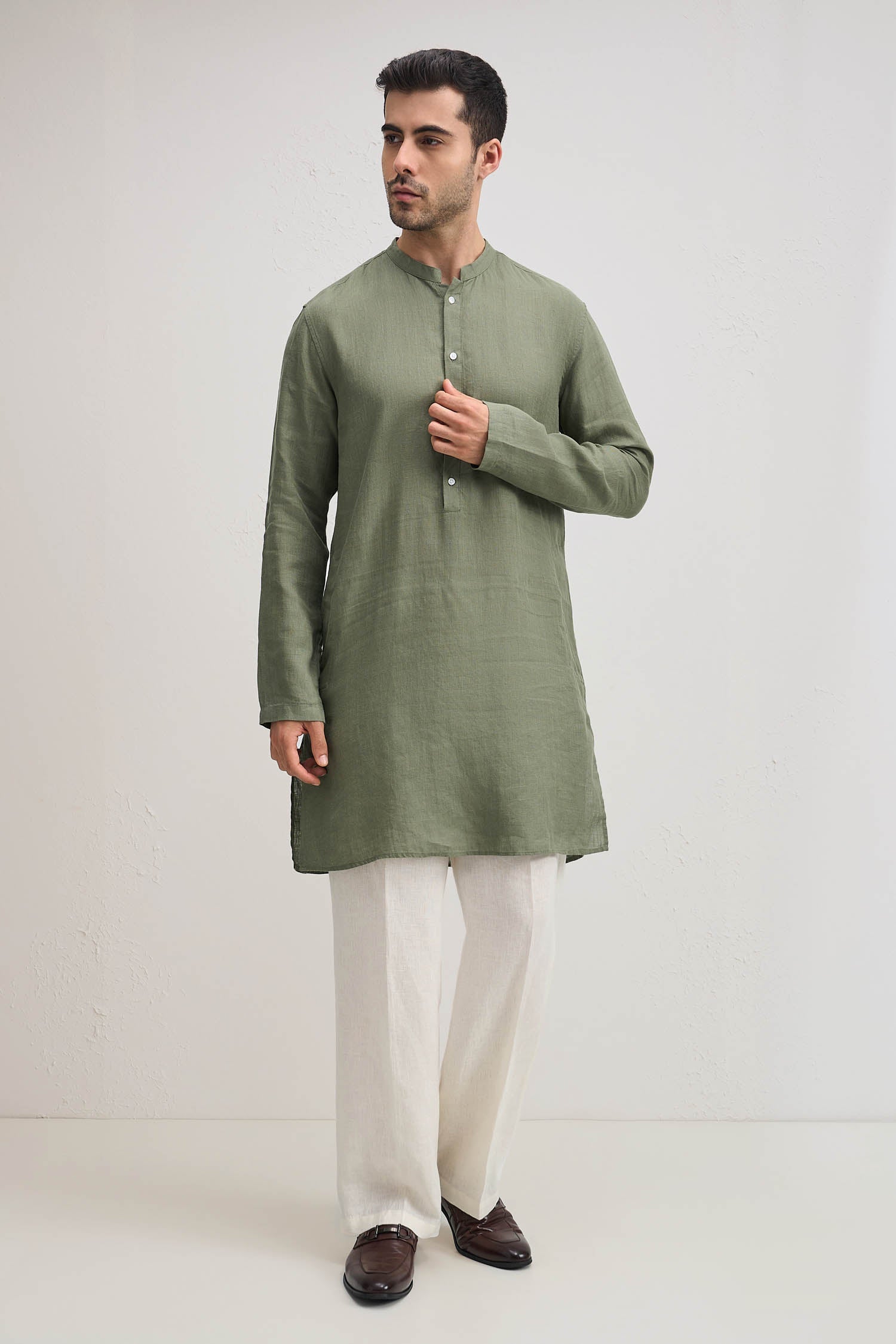 Irish Linen Kurta - Olive Green