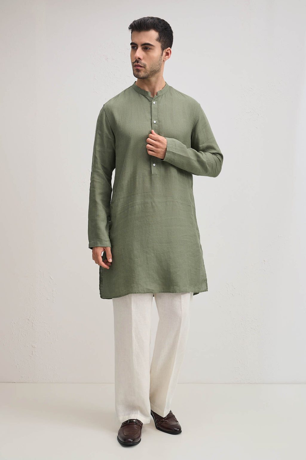 Irish Linen Kurta - Olive Green