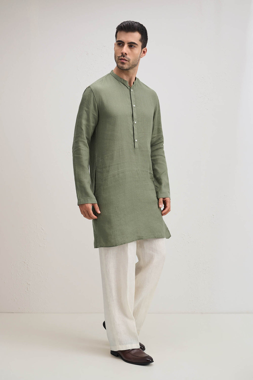 Irish Linen Kurta - Olive Green