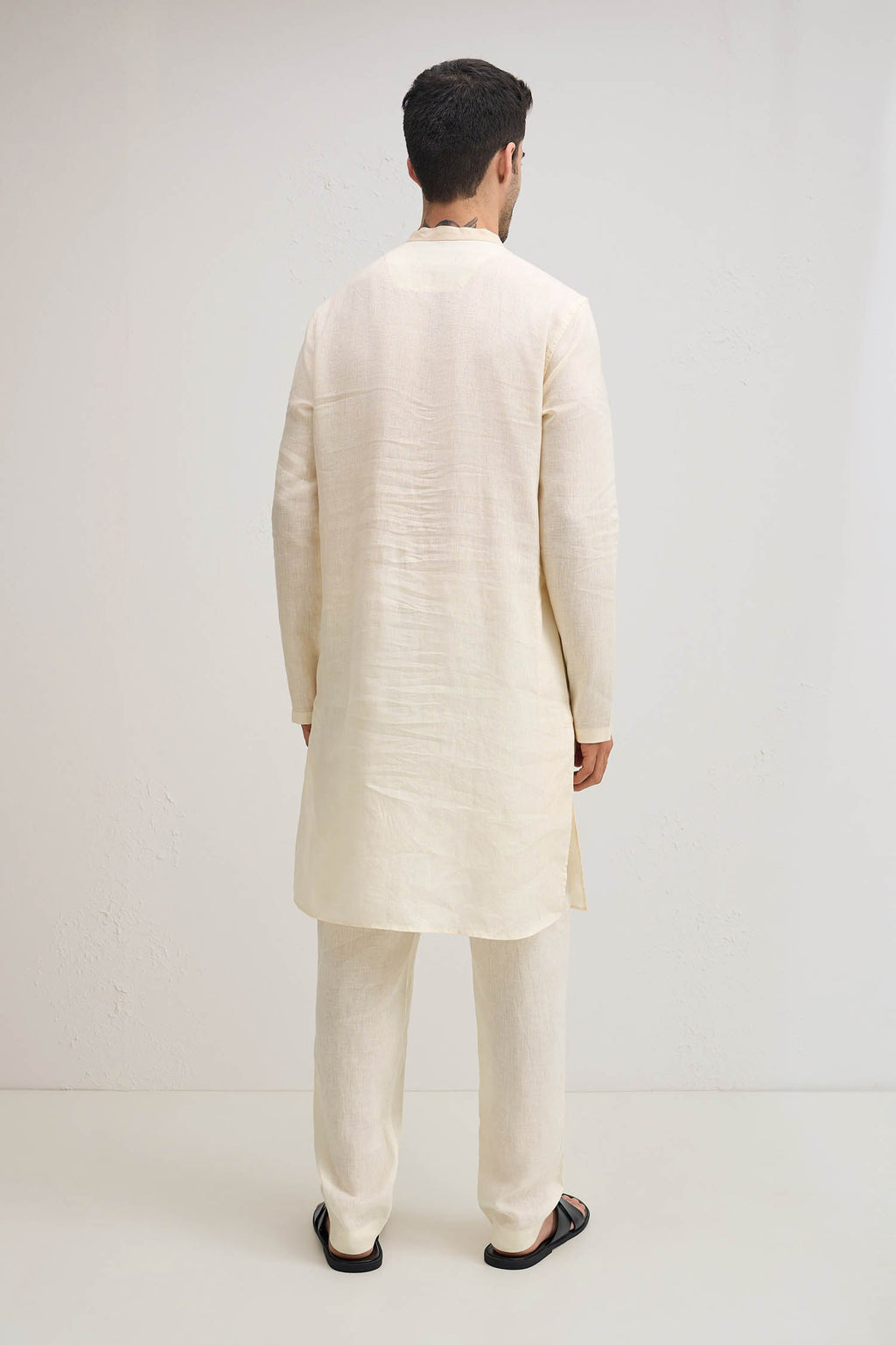 Ivory With Beige-irish Linen Kurta - Ivory