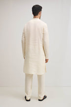 Ivory With Beige-irish Linen Kurta - Ivory