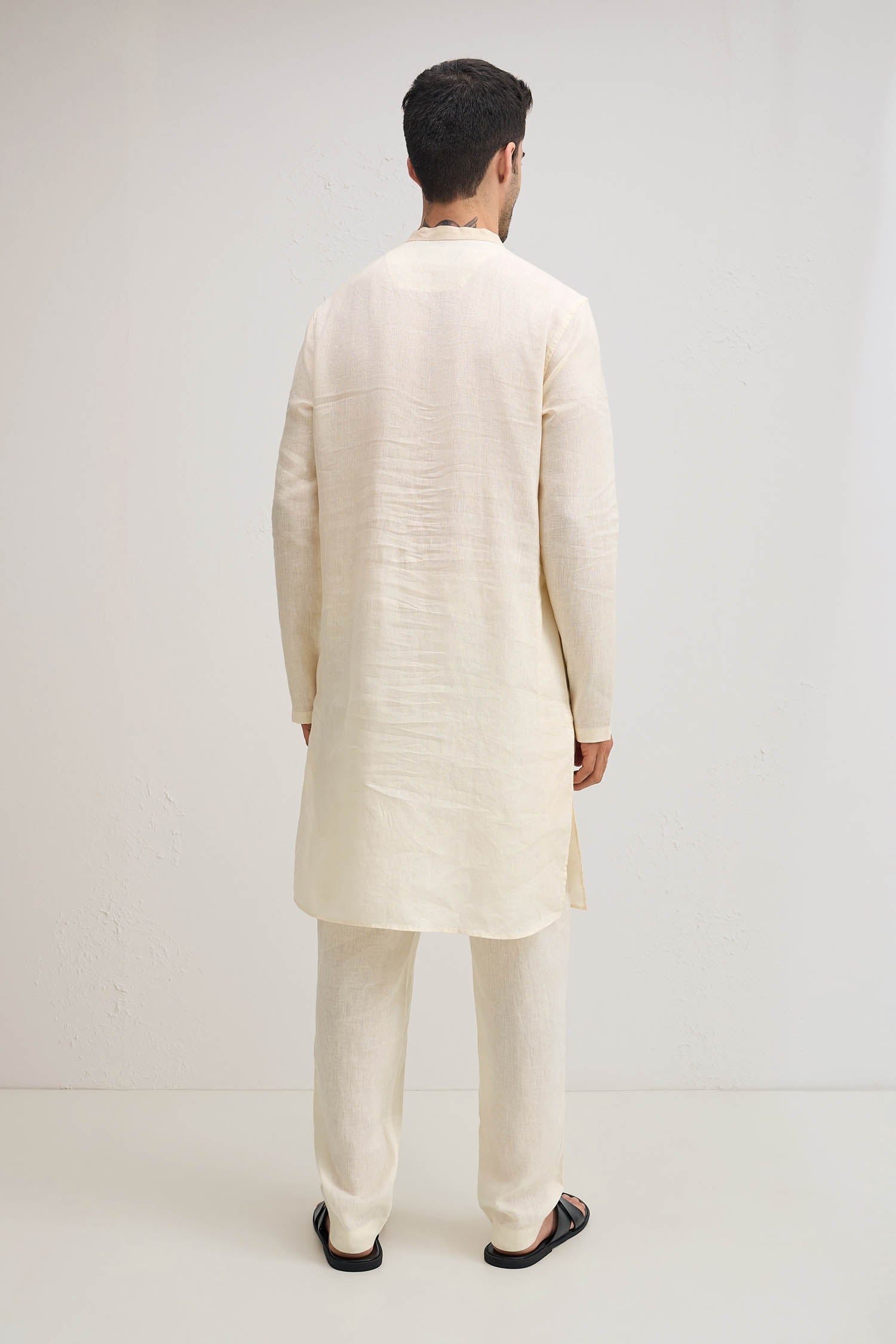 Ivory With Beige-irish Linen Kurta - Ivory