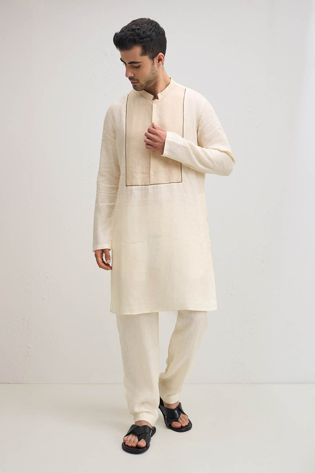 Ivory With Beige-irish Linen Kurta - Ivory