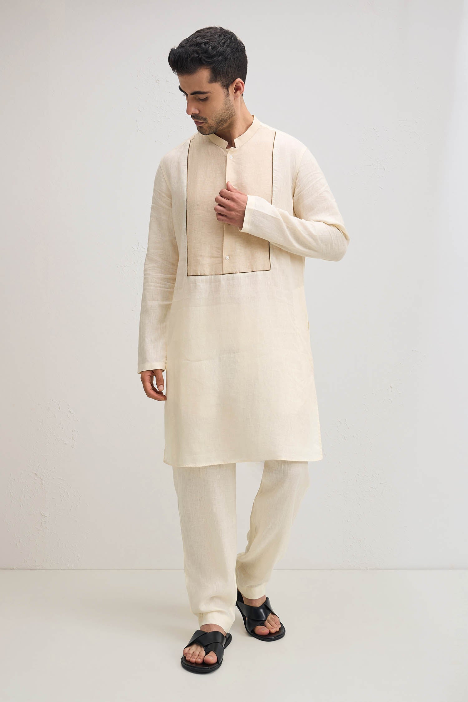 Ivory With Beige-irish Linen Kurta - Ivory
