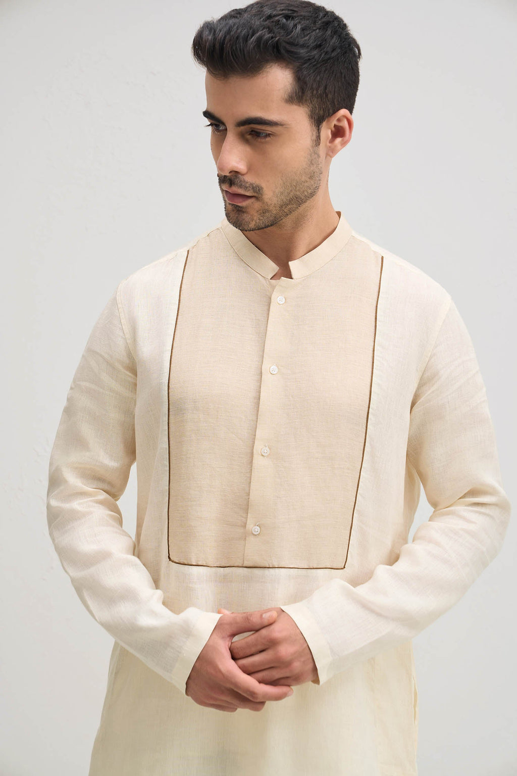Ivory With Beige-irish Linen Kurta - Ivory