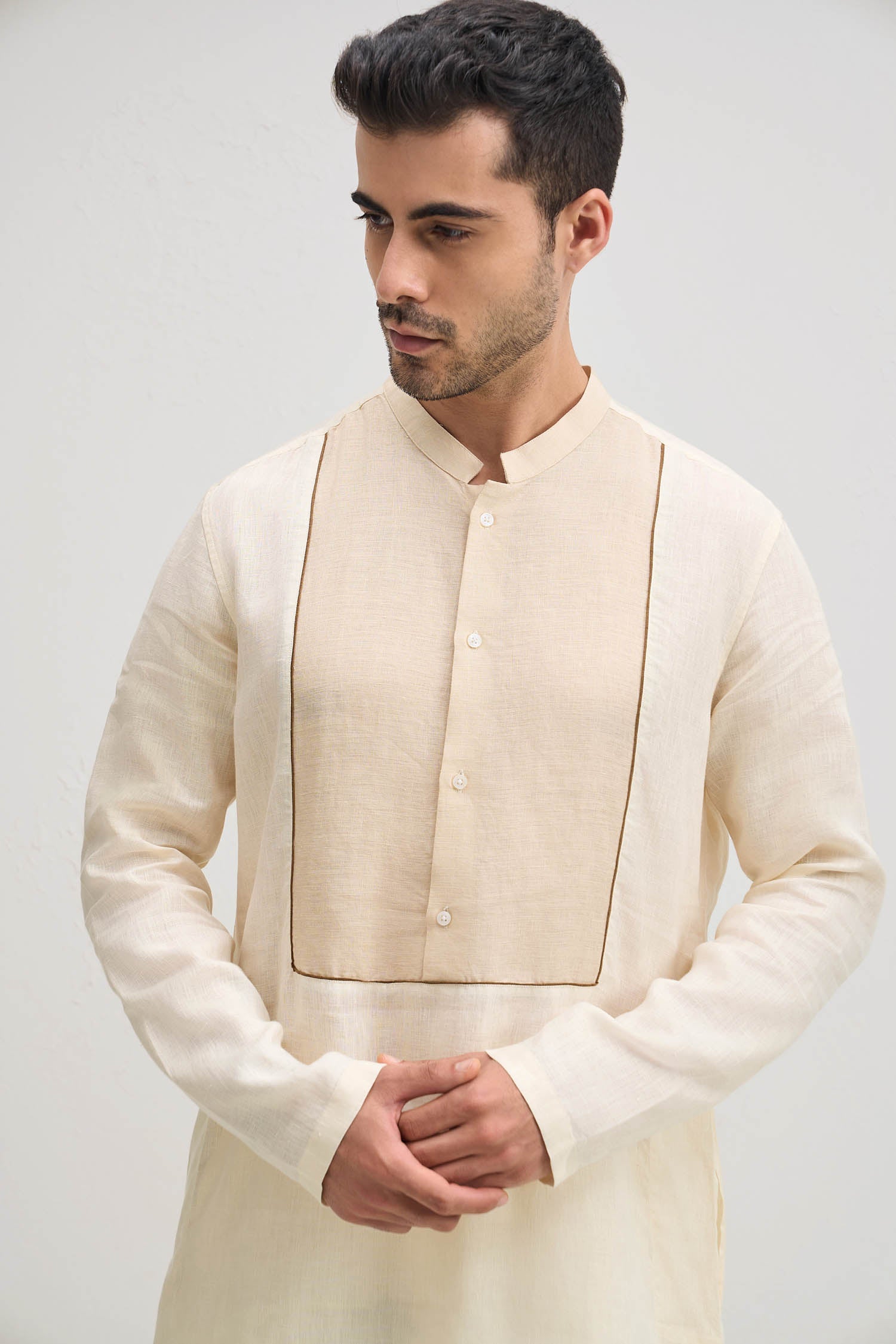 Ivory With Beige-irish Linen Kurta - Ivory