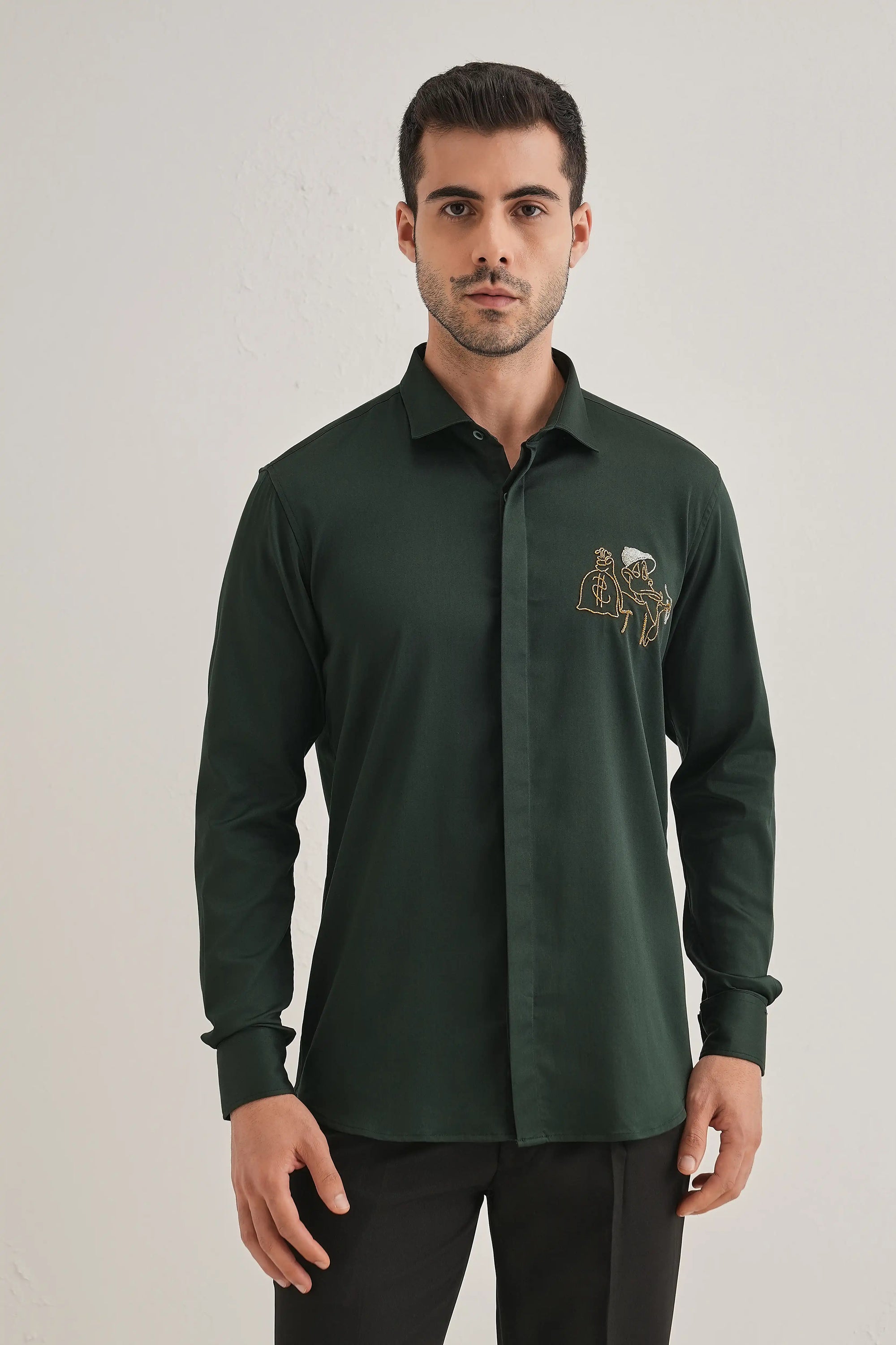 Baazigar - Hand Embroidered Designer Shirt - Bottle Green