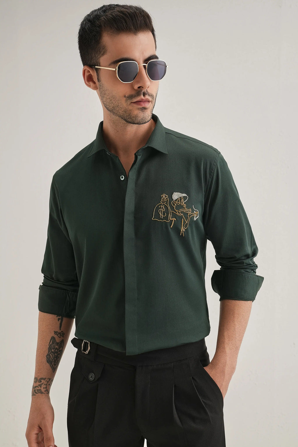 Baazigar - Hand Embroidered Designer Shirt - Bottle Green