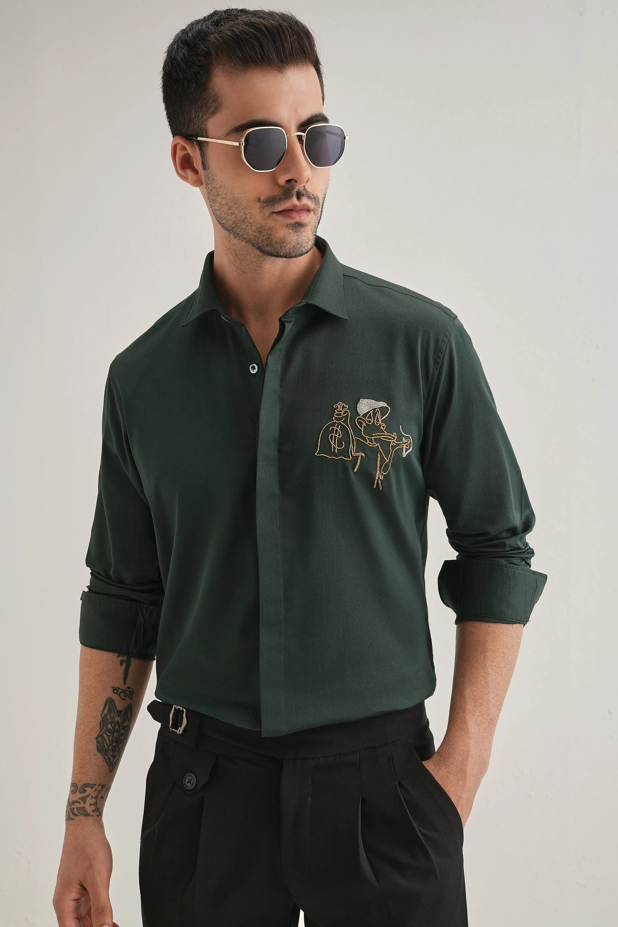 Baazigar - Hand Embroidered Designer Shirt - Bottle Green
