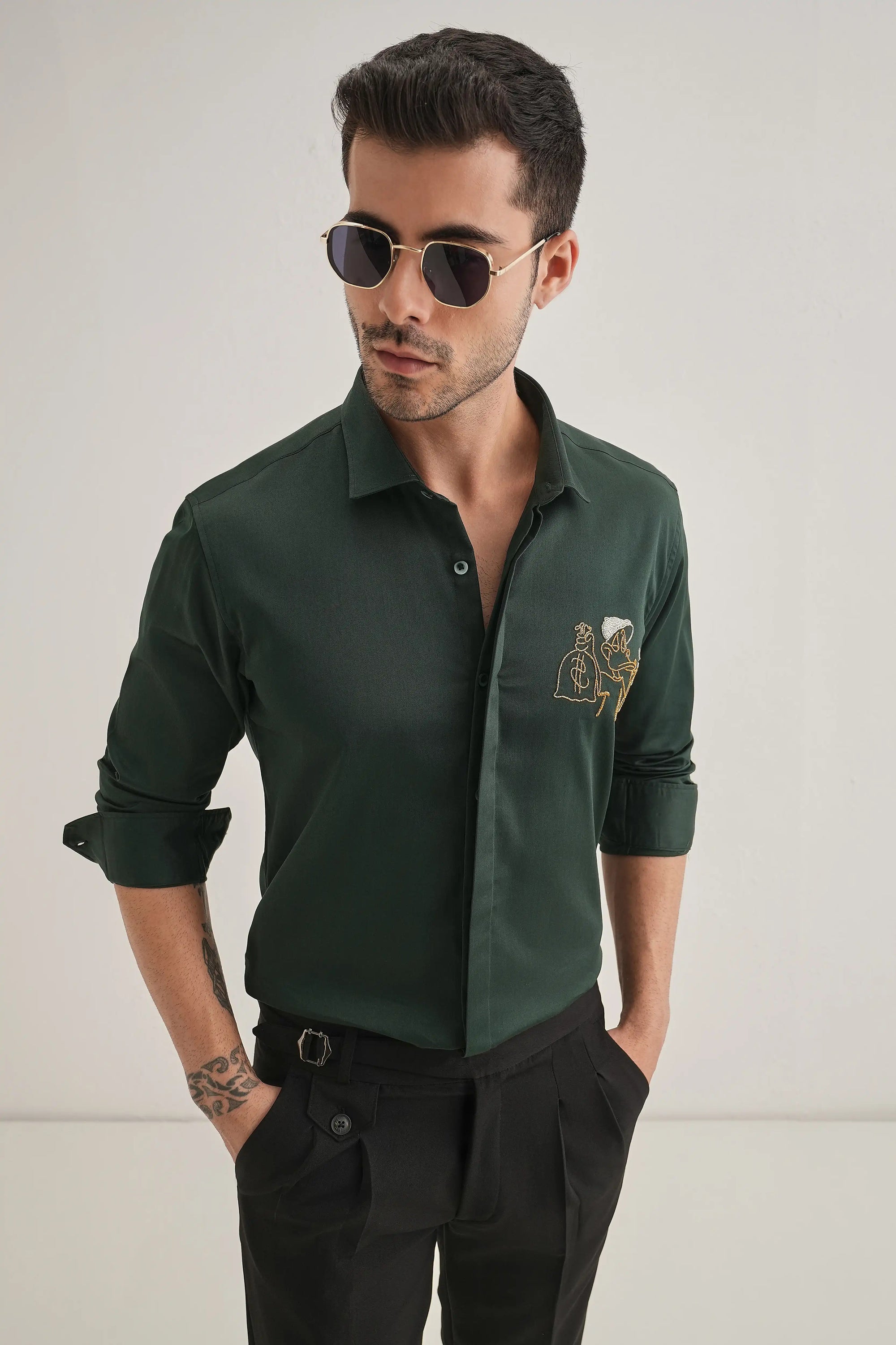 Baazigar - Hand Embroidered Designer Shirt - Bottle Green