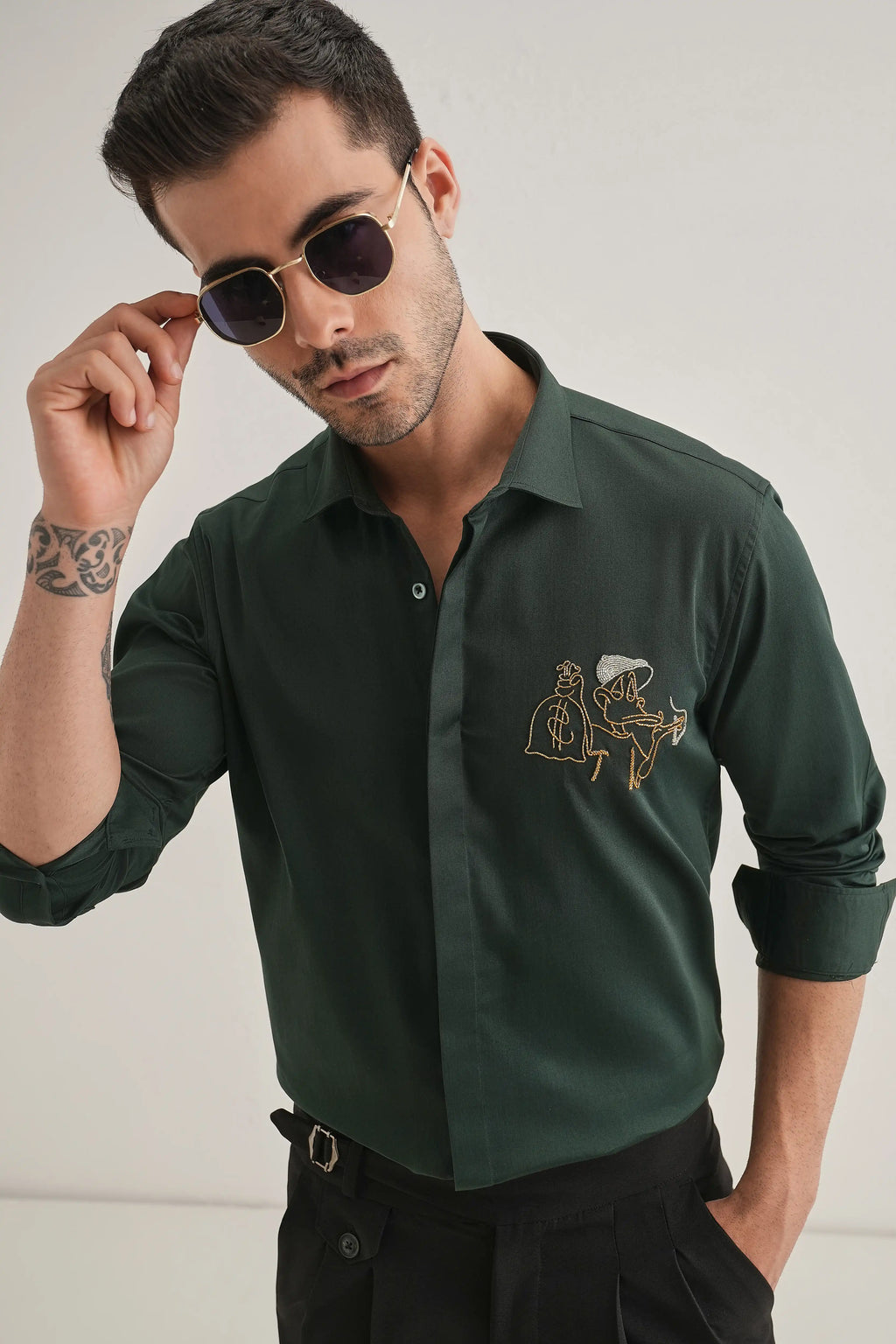 Baazigar - Hand Embroidered Designer Shirt - Bottle Green