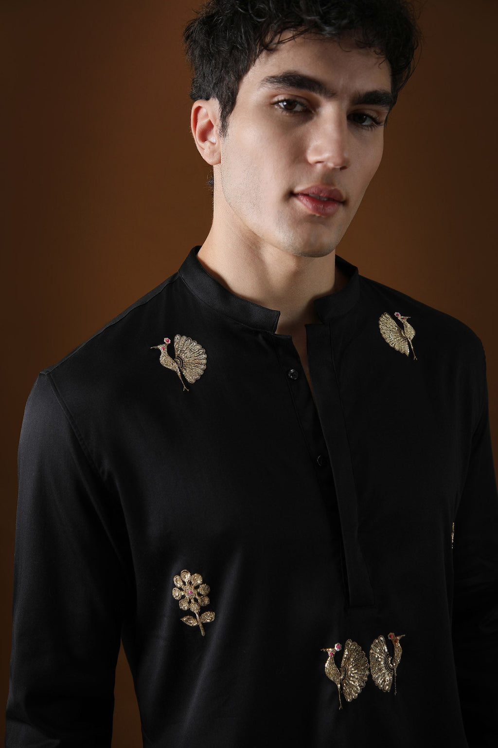 Peacock Hand Embroidered Designer Kurta - Black