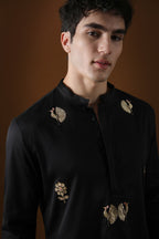Peacock Hand Embroidered Designer Kurta - Black