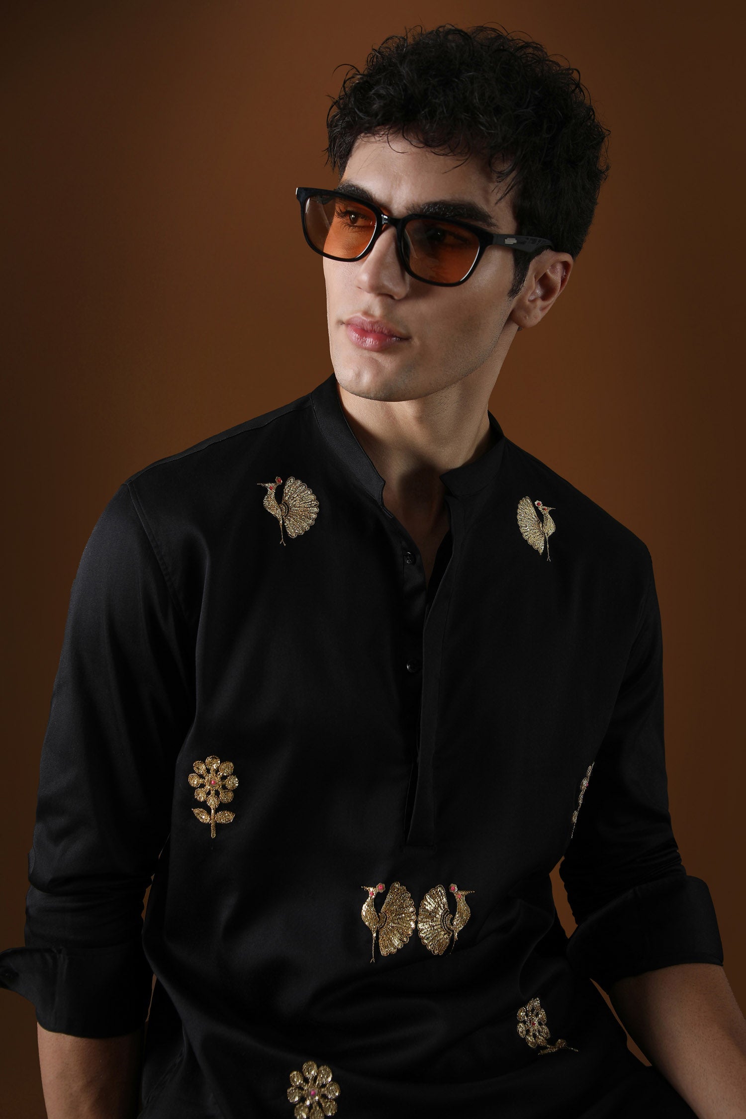 Peacock Hand Embroidered Designer Kurta - Black