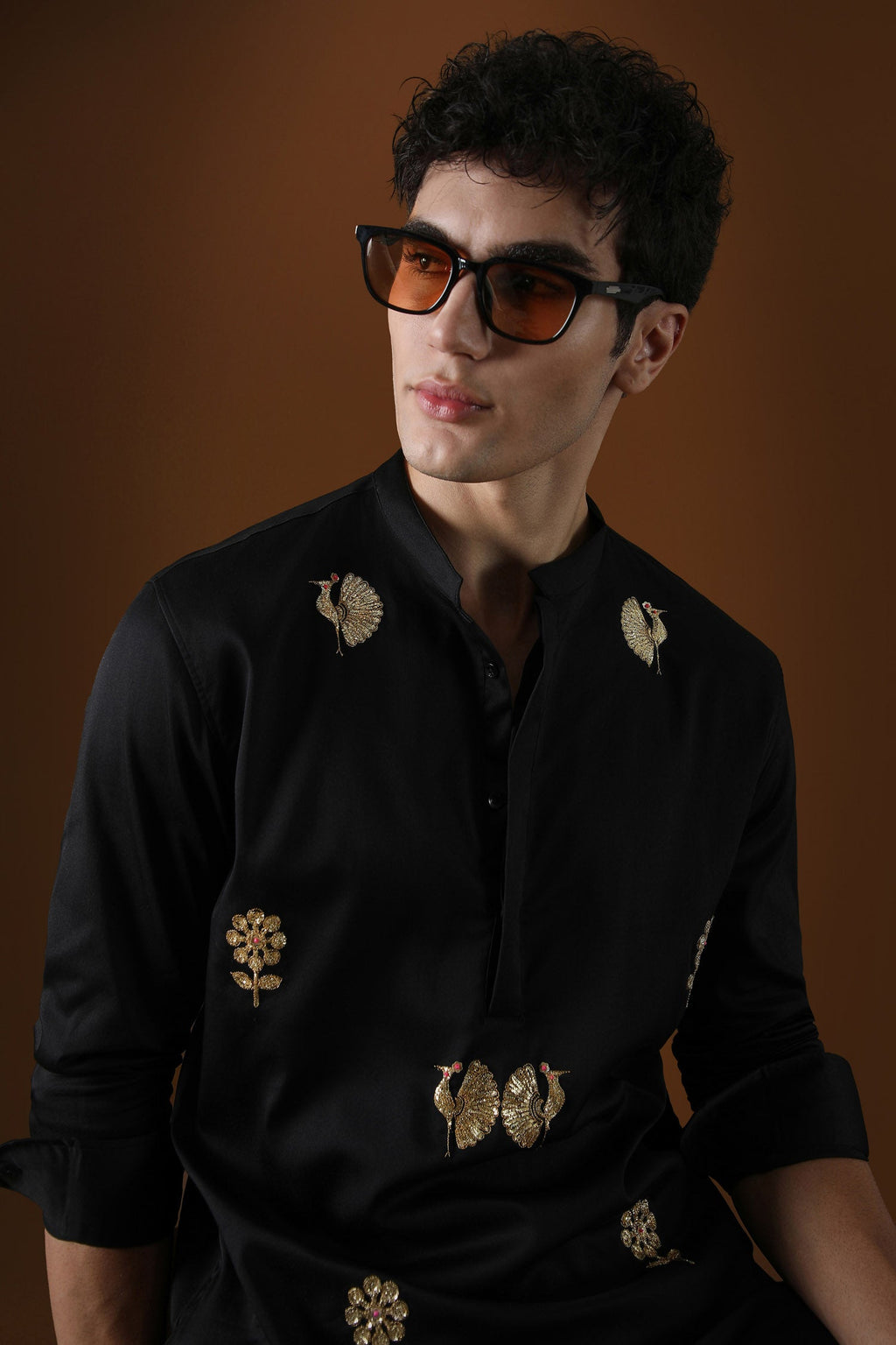 Peacock Hand Embroidered Designer Kurta - Black