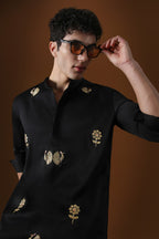 Peacock Hand Embroidered Designer Kurta - Black