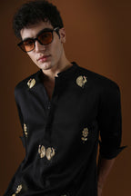 Peacock Hand Embroidered Designer Kurta - Black
