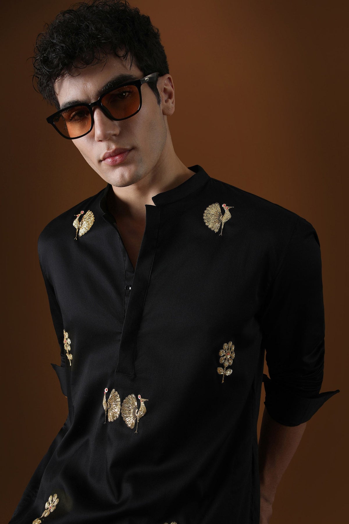 Peacock Hand Embroidered Designer Kurta - Black
