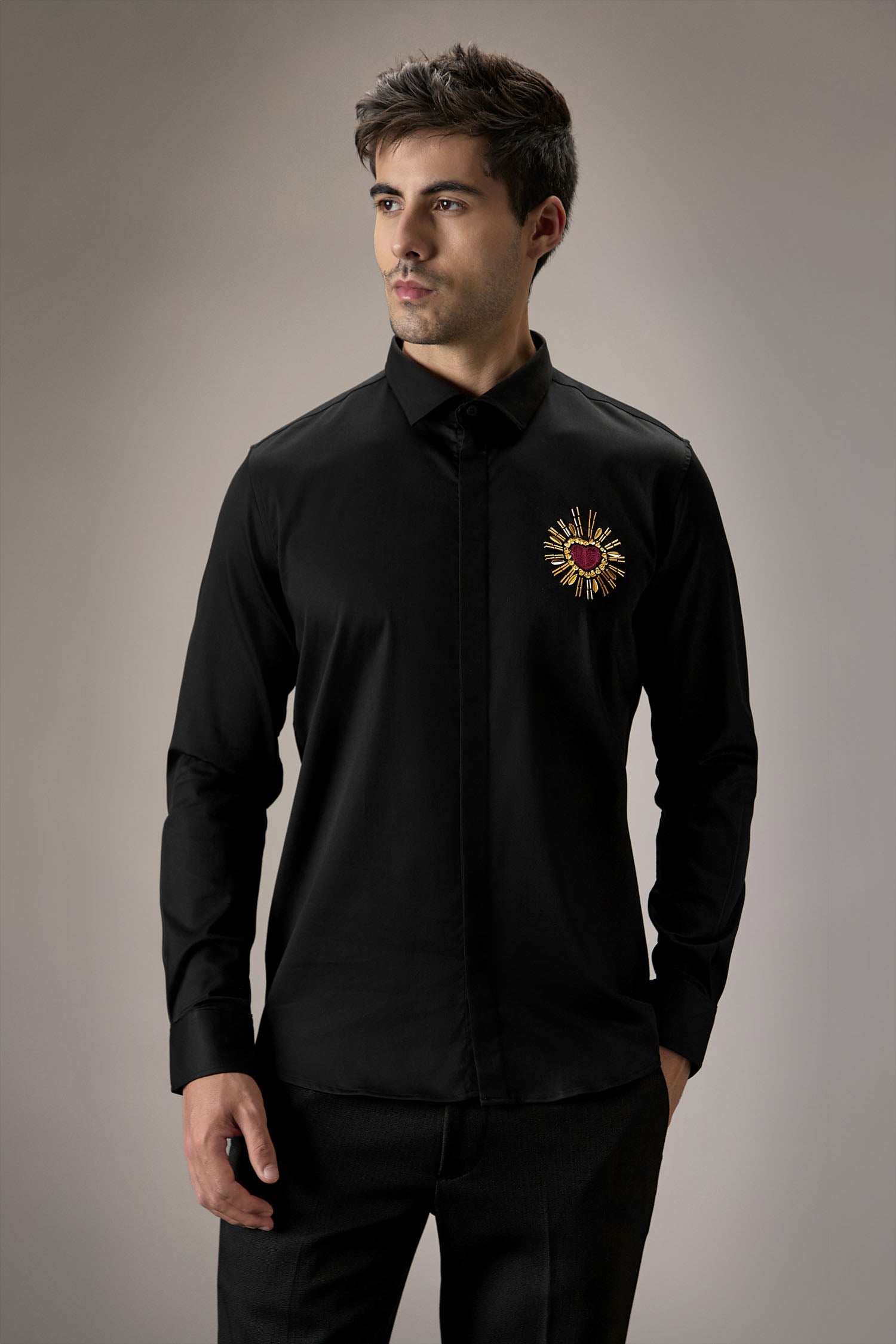 Cora (Heart) - Hand Embroidered Designer Shirt - Black