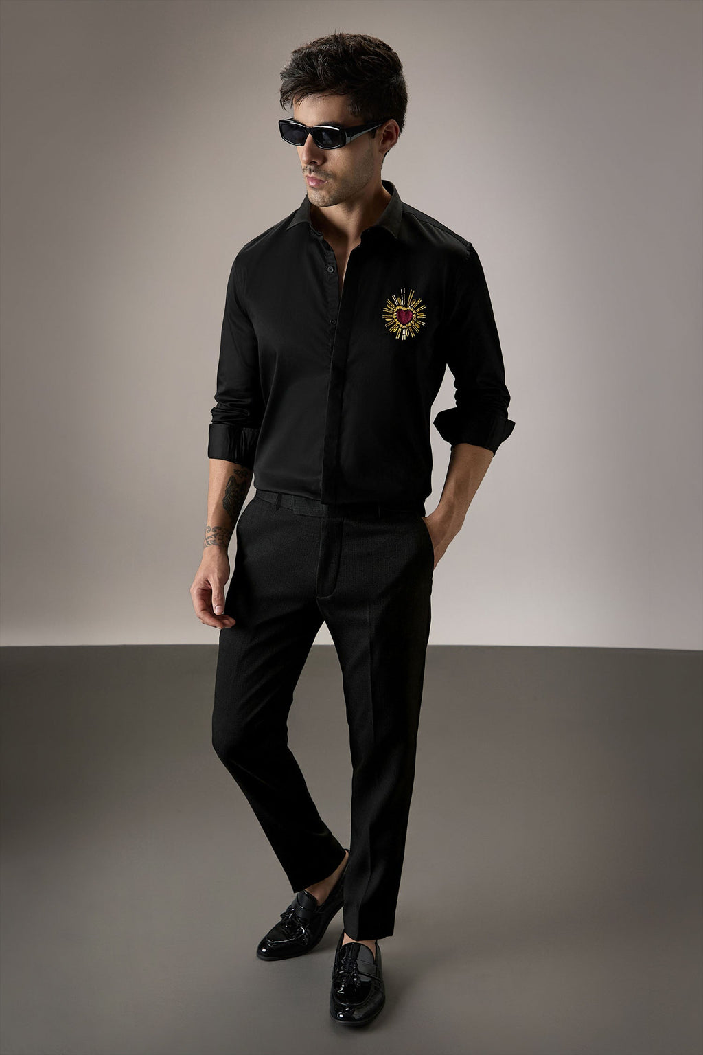 Cora (Heart) - Hand Embroidered Designer Shirt - Black