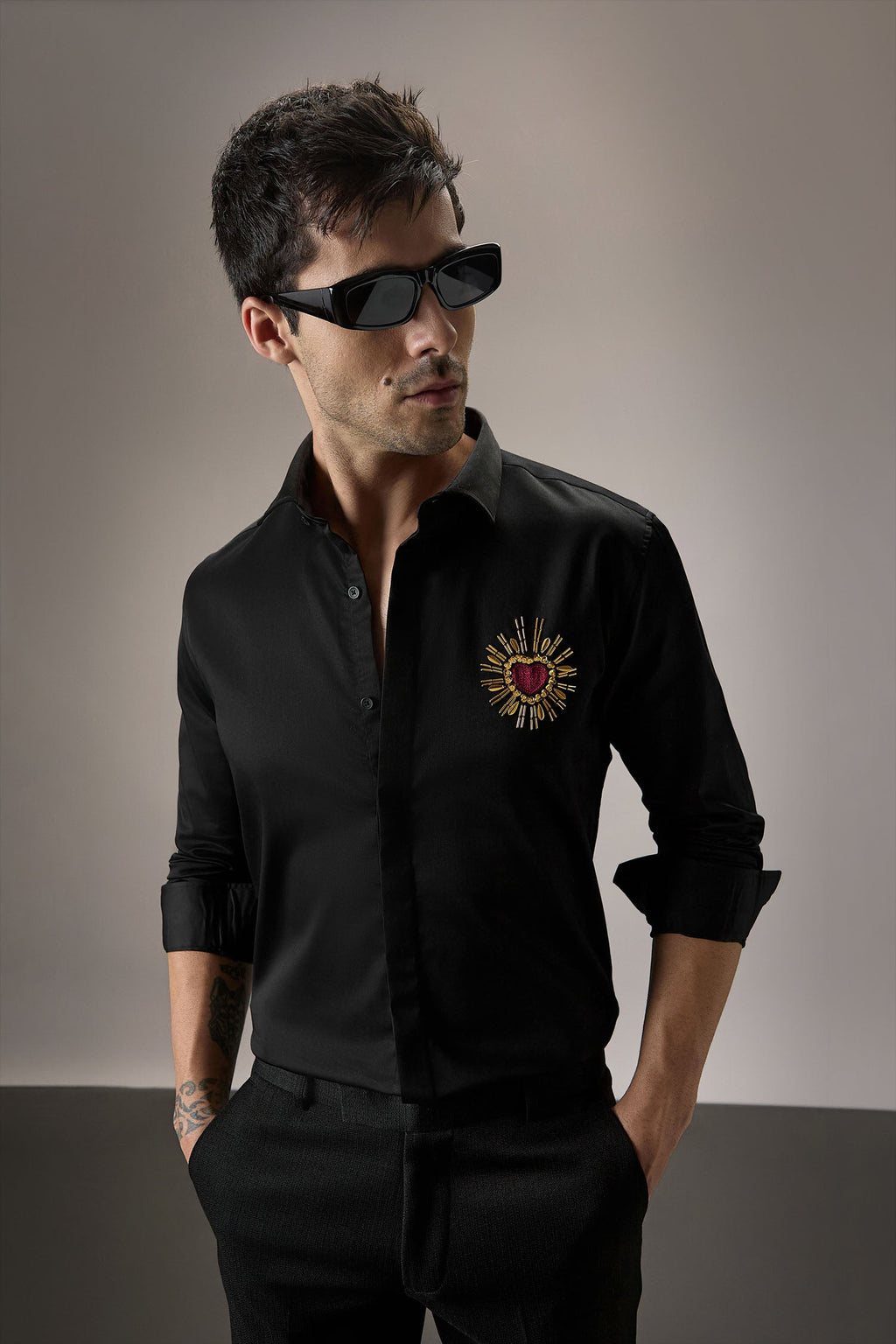 Cora (Heart) - Hand Embroidered Designer Shirt - Black