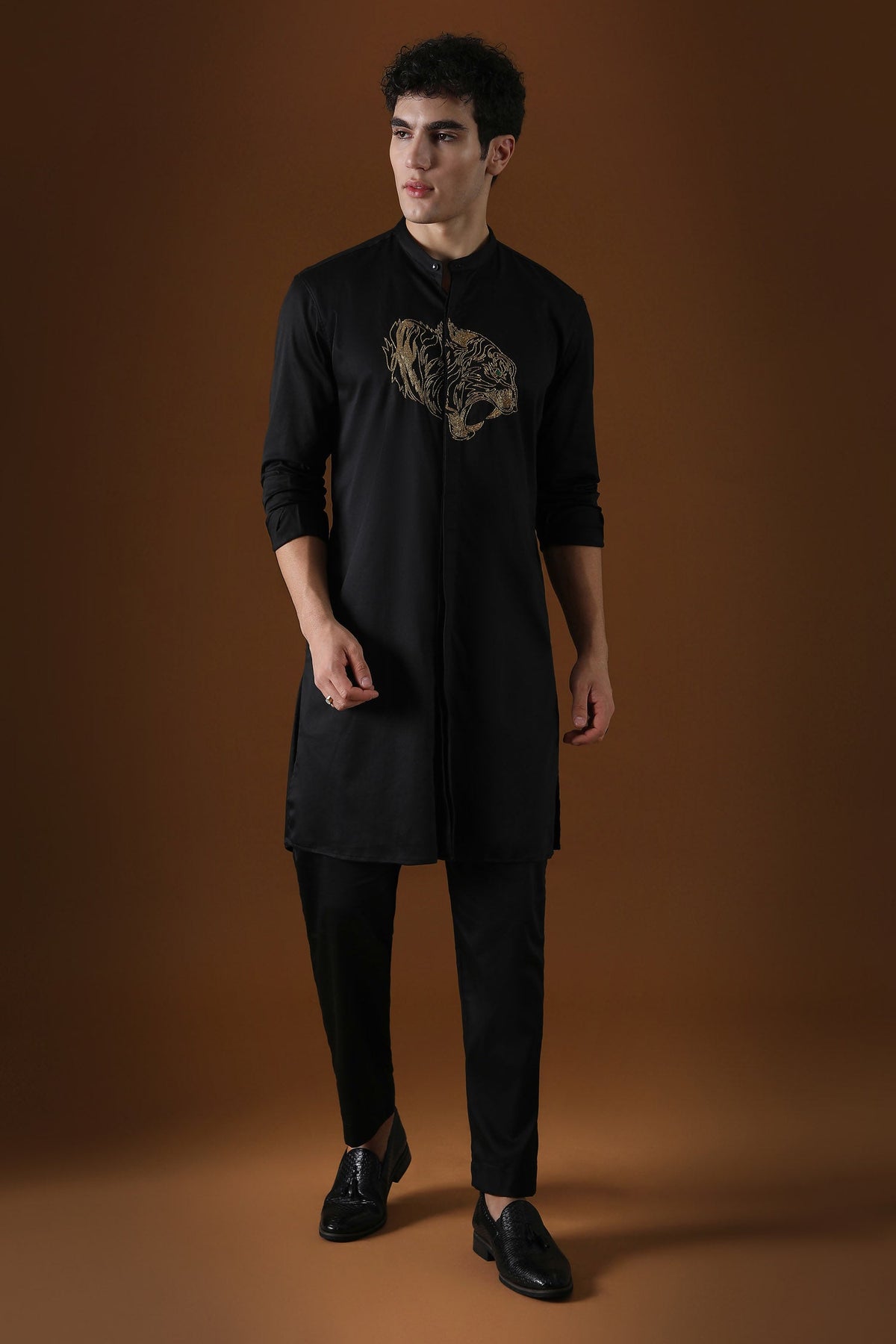 Tiger Hand Embroidered Designer Kurta - Black