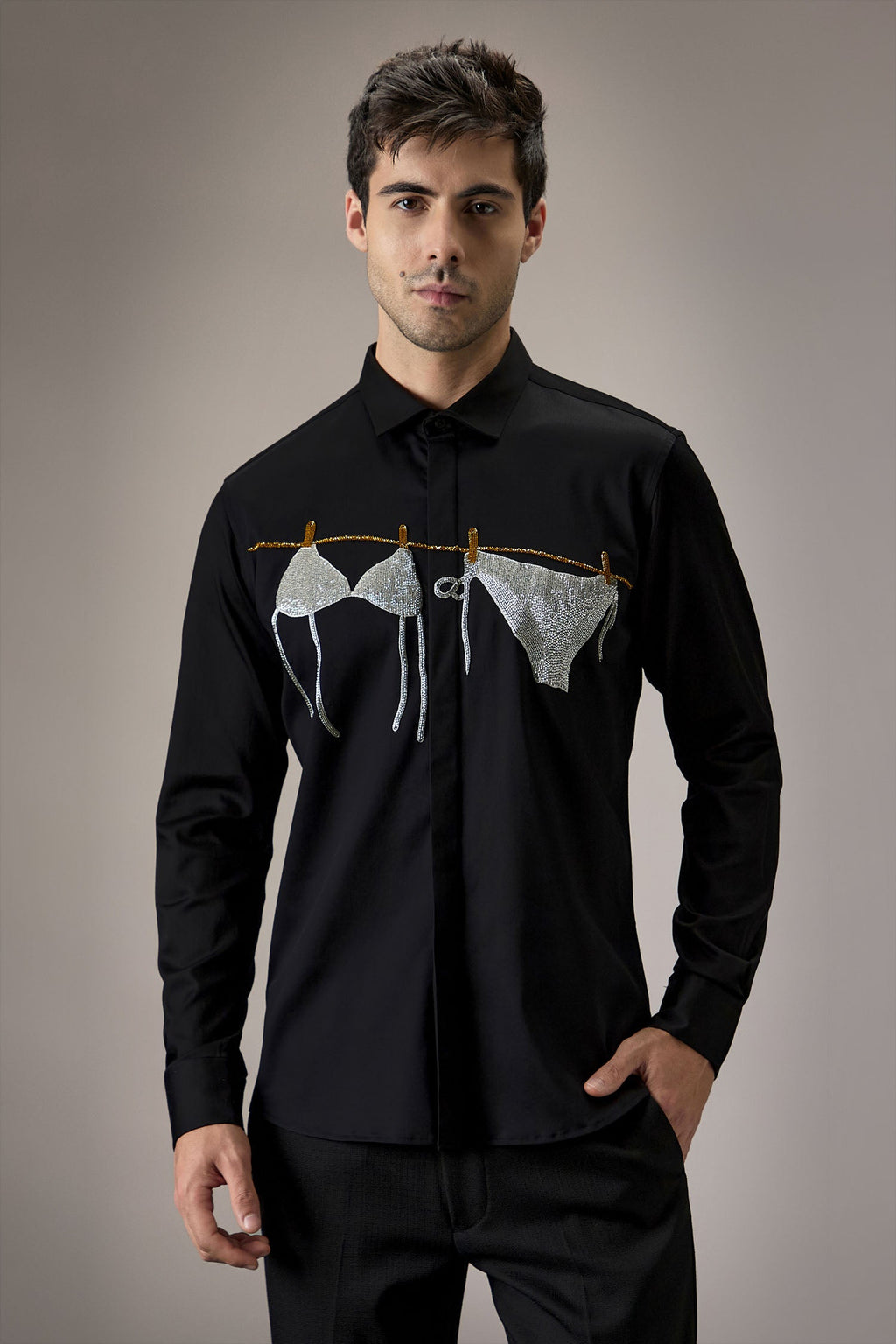 Bikini - Hand Embroidered Designer Shirt - Black