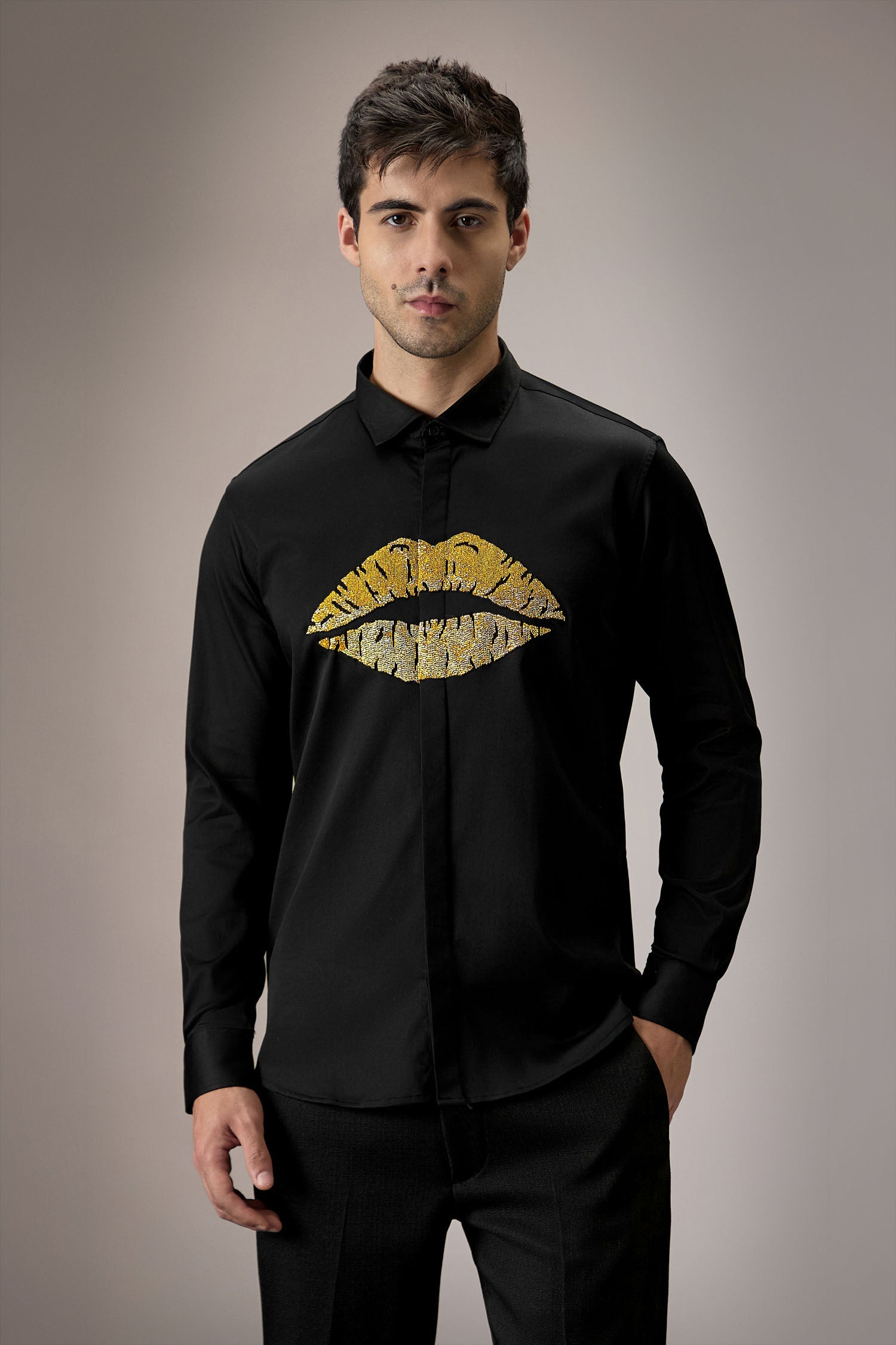 Lips Hand Embroidered Designer Shirt - Black