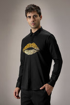 Lips Hand Embroidered Designer Shirt - Black
