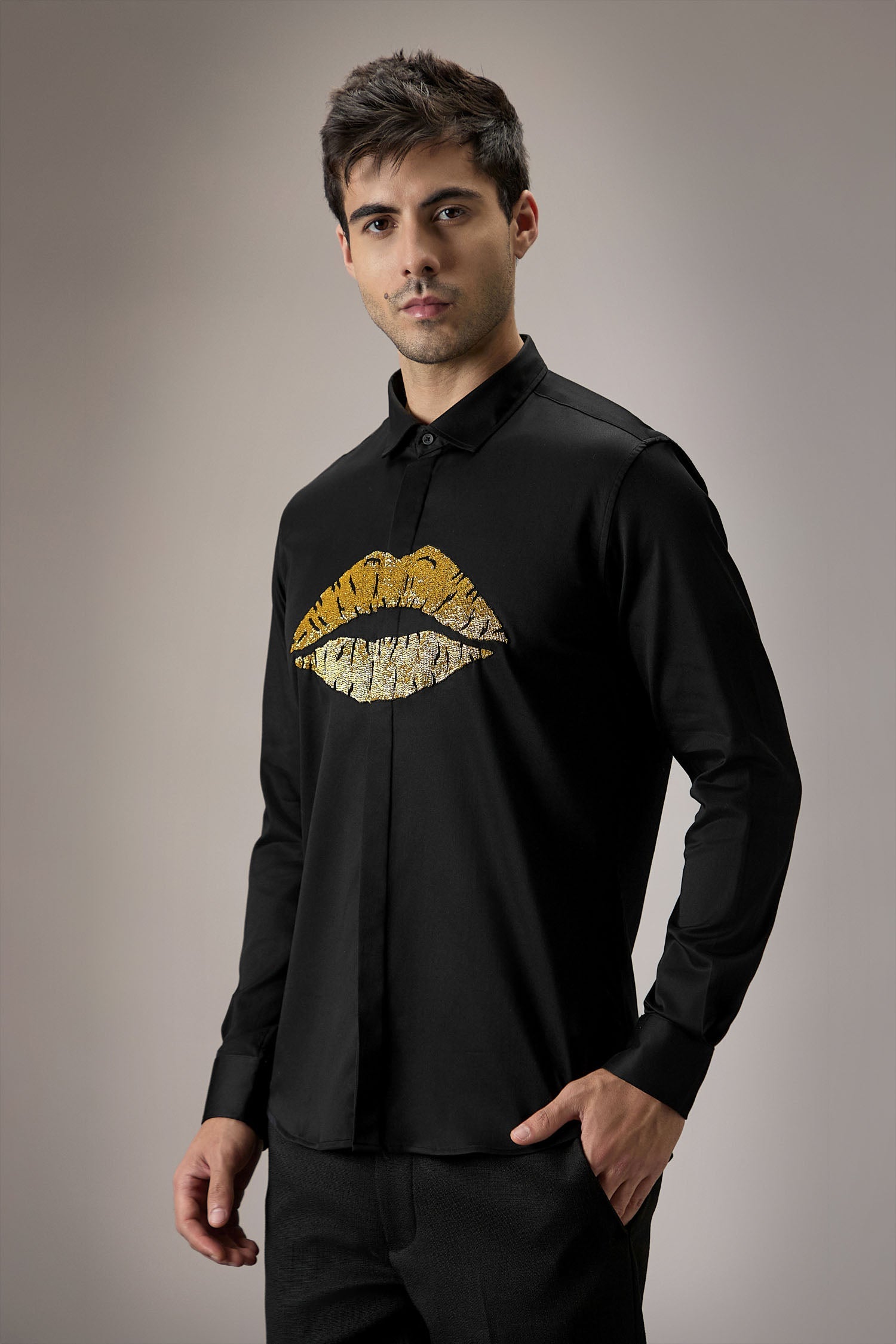 Lips Hand Embroidered Designer Shirt - Black