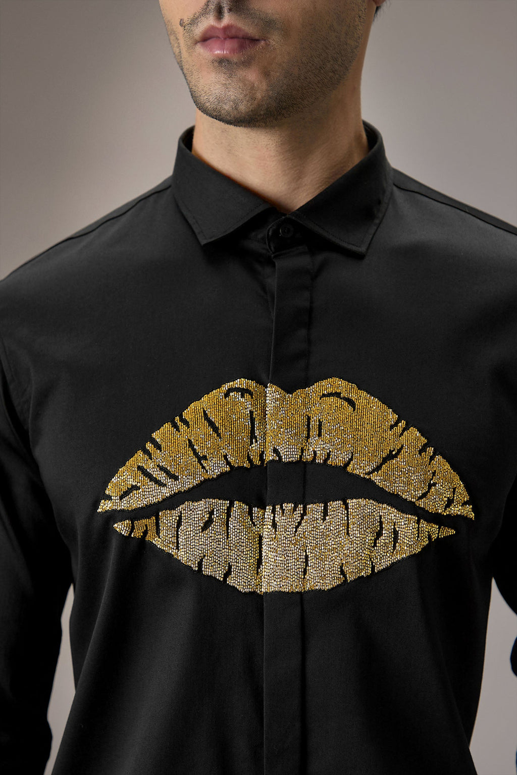 Lips Hand Embroidered Designer Shirt - Black
